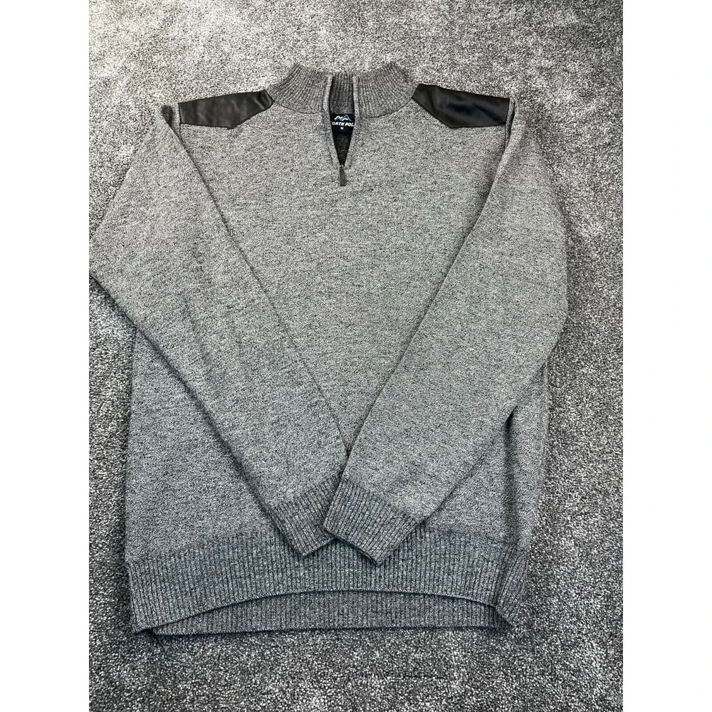 North Pole Sweater Mens M Quarter Zip Knit Gray/Black Suede Shoulder Pullover - Picture 1 of 9